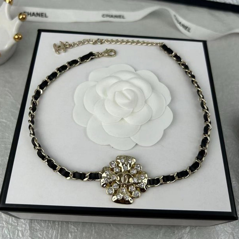 Chanel Black Leather Flower Necklace