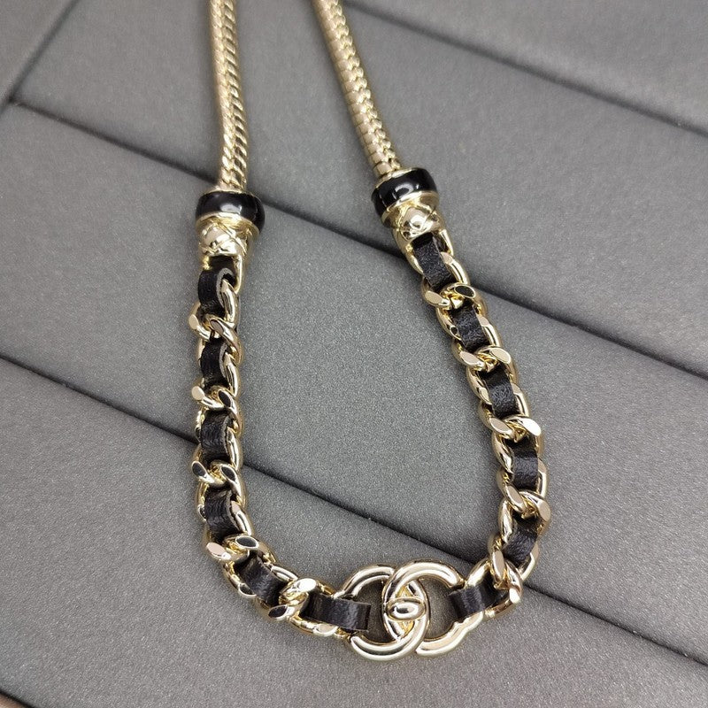 Chanel Black Leather Gold Chain Necklace