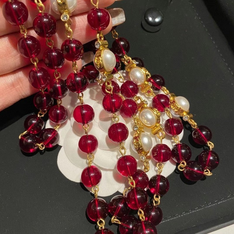 Chanel Long Red & White Pearl Necklace