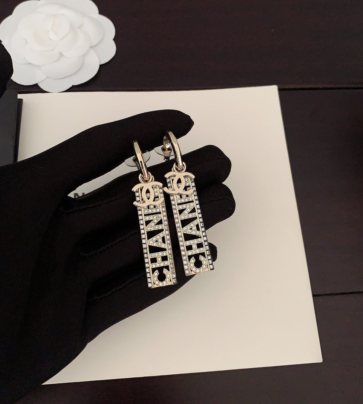 Chanel Crystals Long Letter Earrings - 18K Yellow Gold