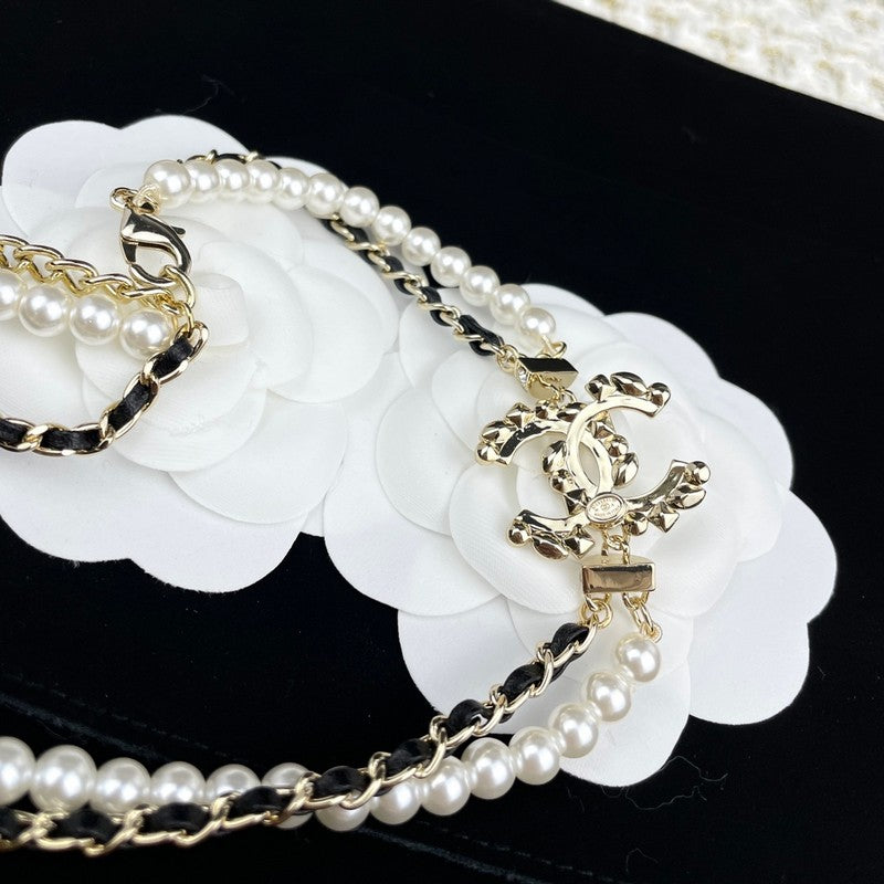 Chanel Pearl Chain Leather Necklace