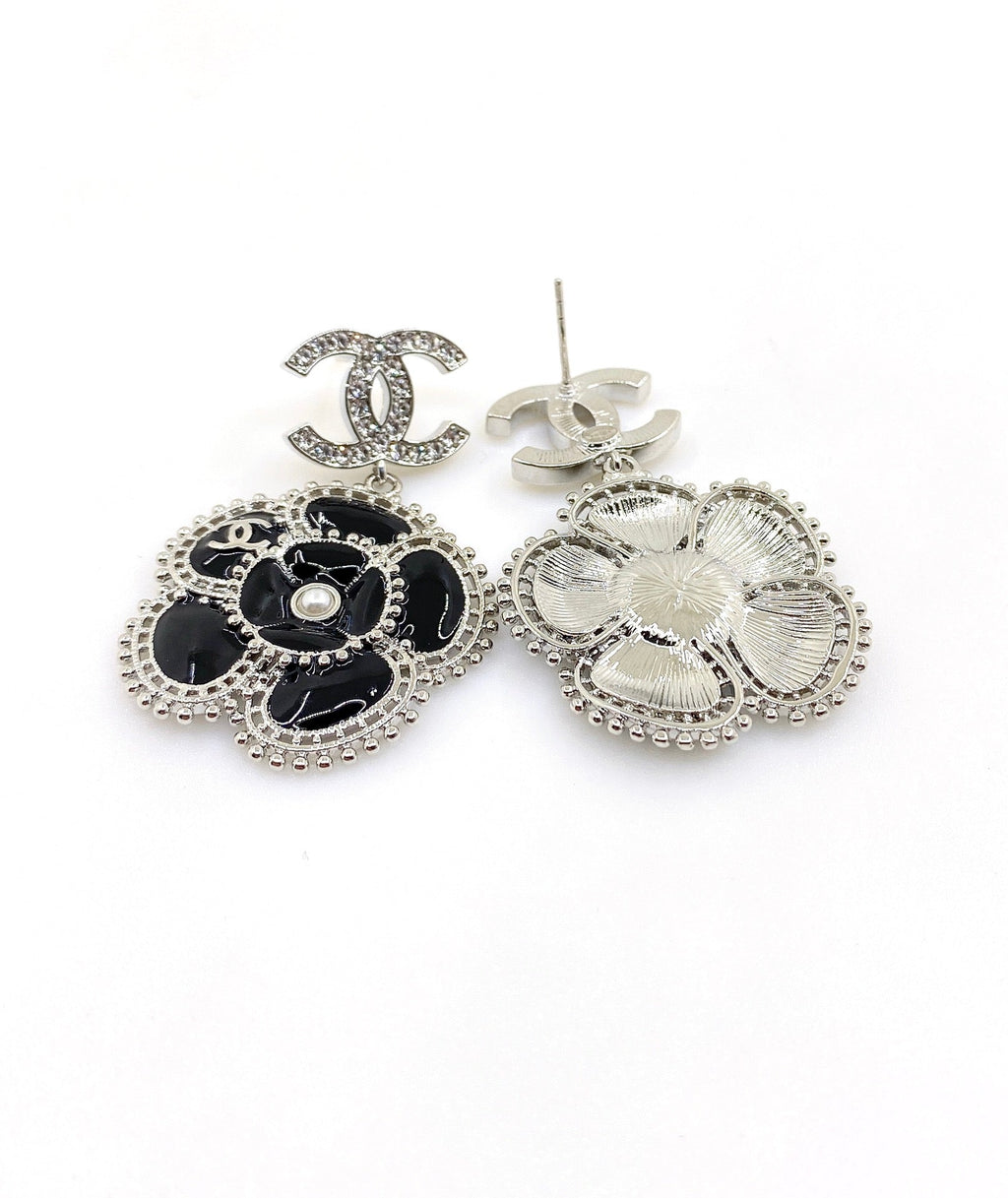 Chanel Black Pearl Camellia Earrings - 18K White Gold