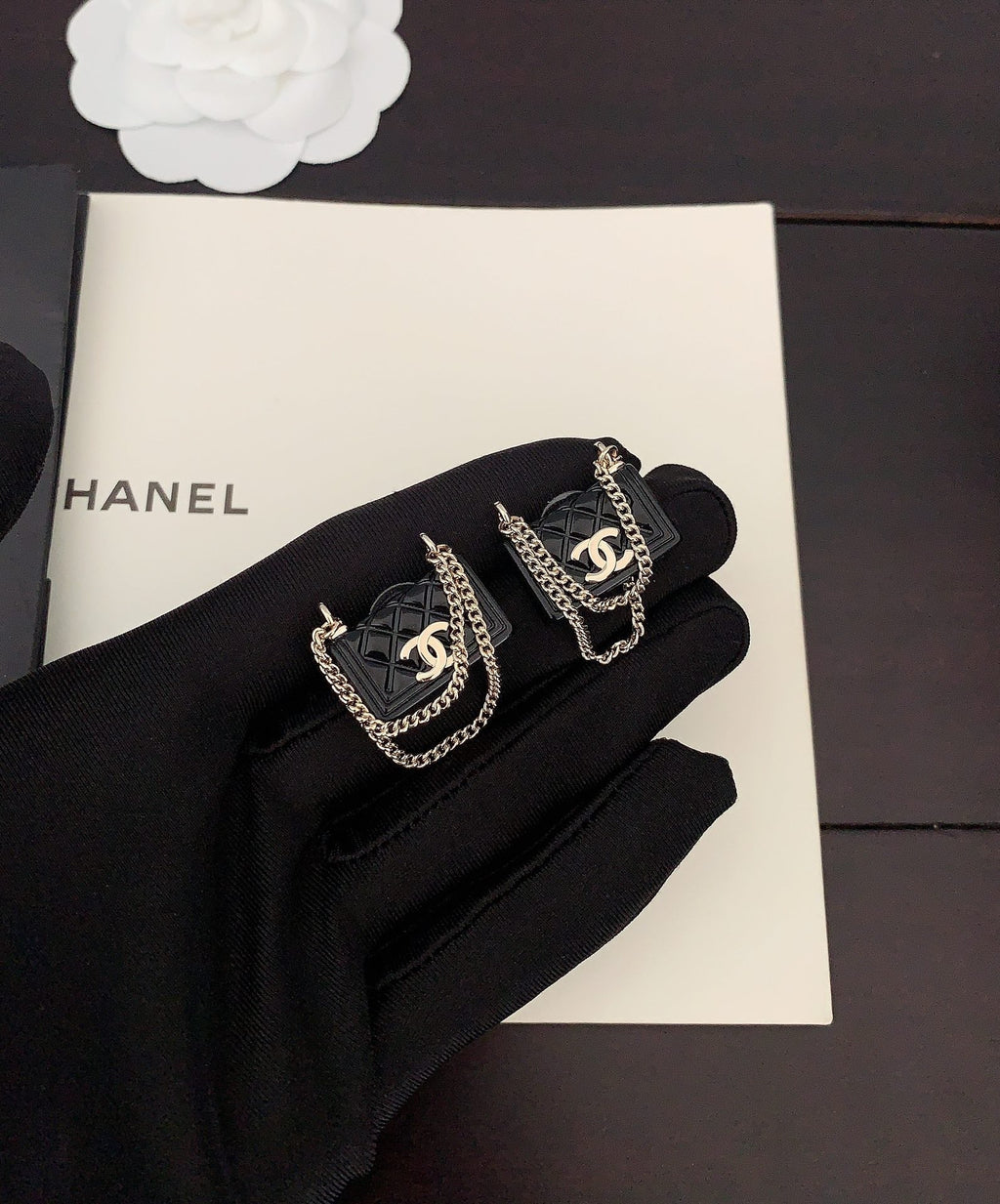 Chanel Black Bag Pendant Earrings - 18K Yellow Gold