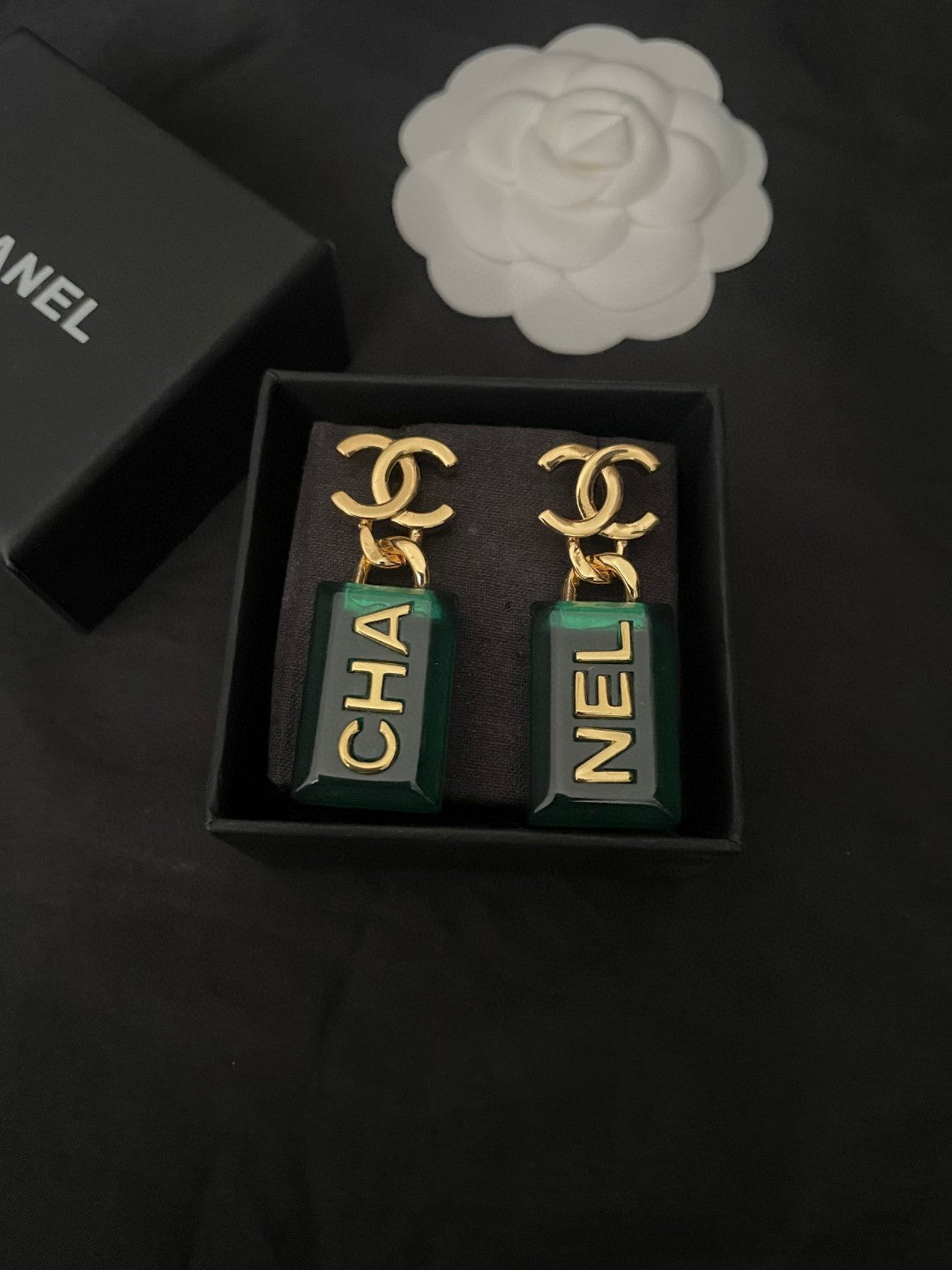 Chanel Green Perfume Bottle Earrings - 18K Yellow Gold