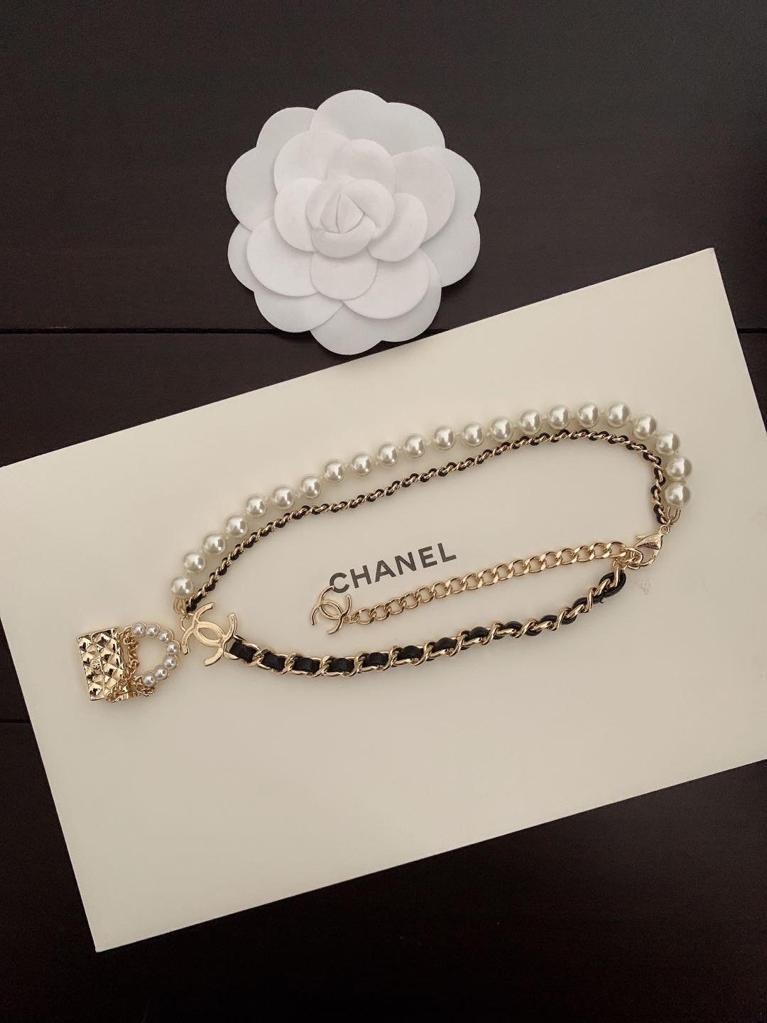 Chanel Pearl Leather Bag Pendant Necklace