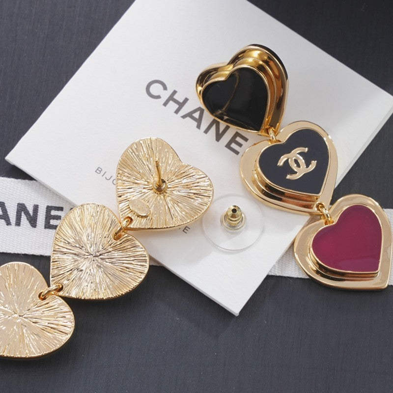Chanel Black & Red Heart Gold Long Earrings - 18K Yellow Gold