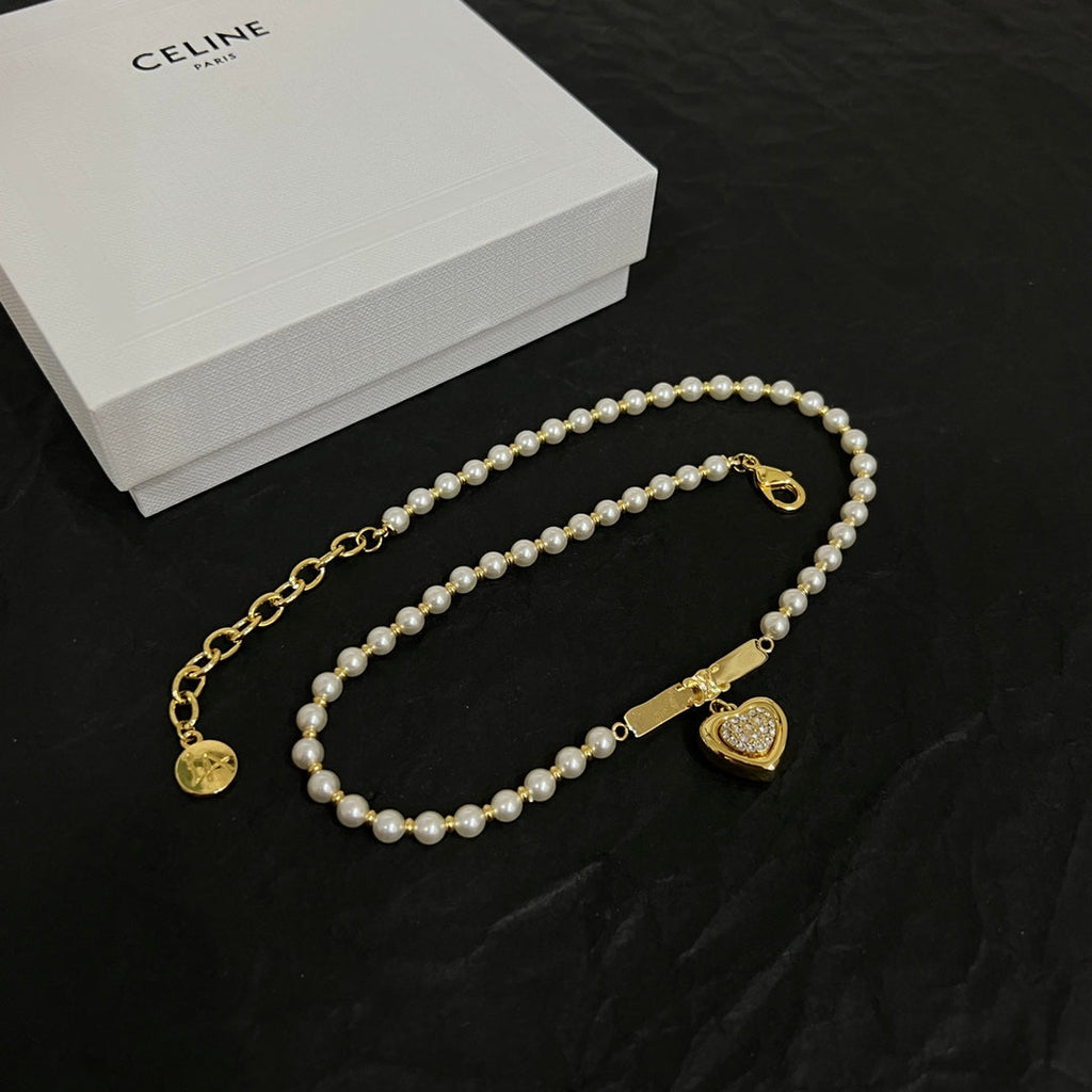 Celine Triomphe Heart Pearl Necklace