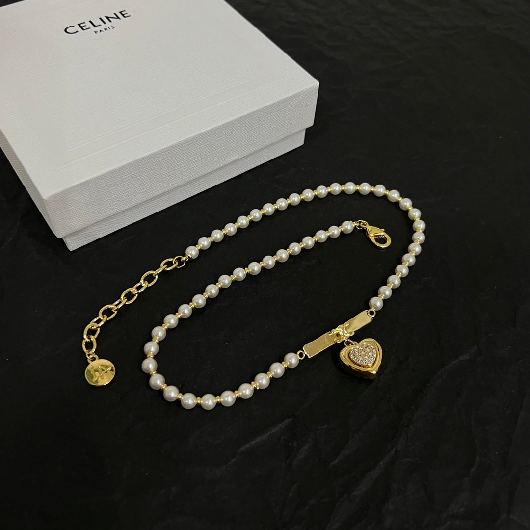 Celine Triomphe Heart Pearl Necklace