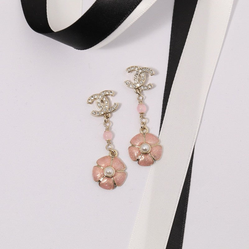 Chanel Black & Pink Camellia Diamond Long Earrings - 18K Gold