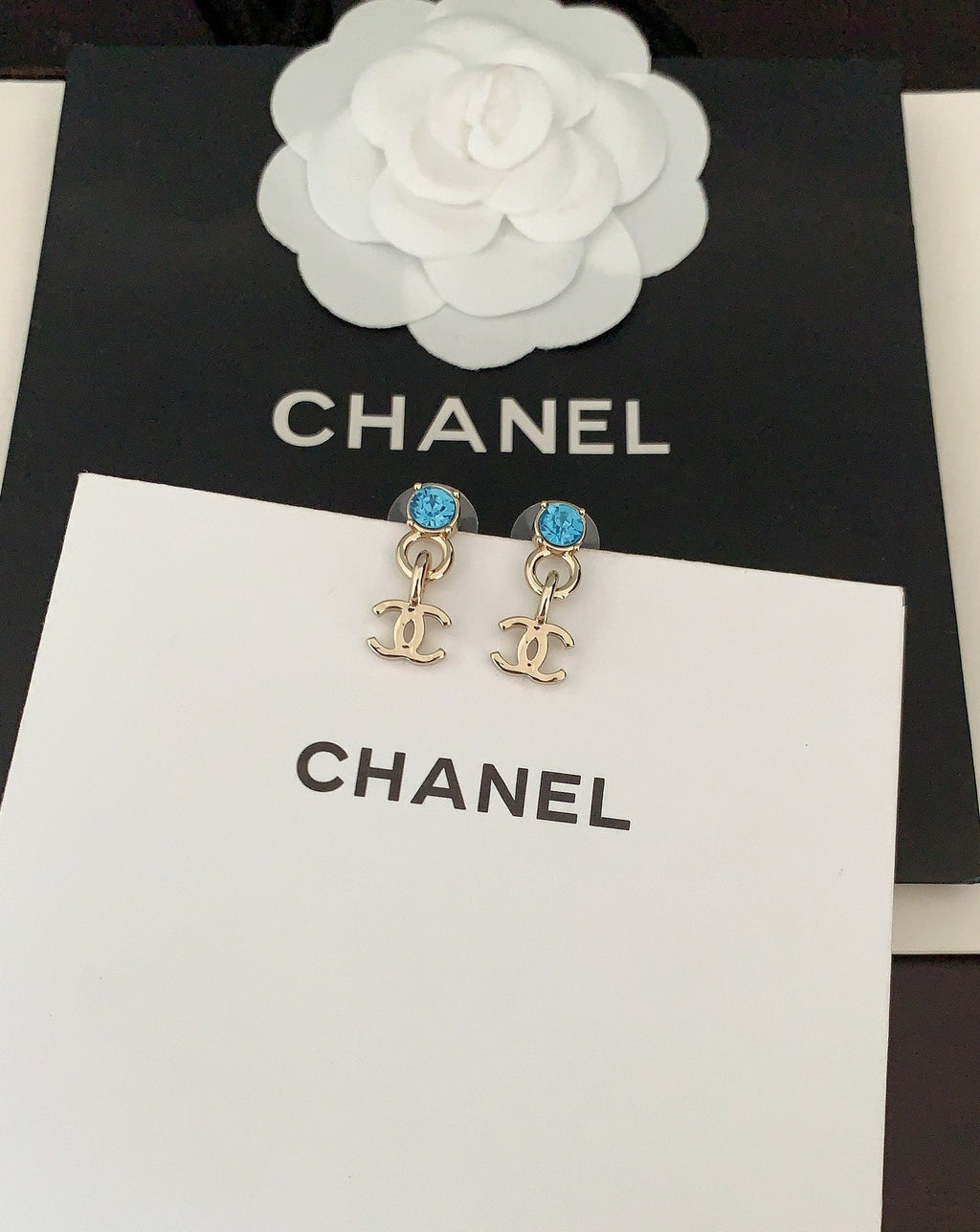 Chanel Blue Crystal Earrings - 18K Yellow Gold
