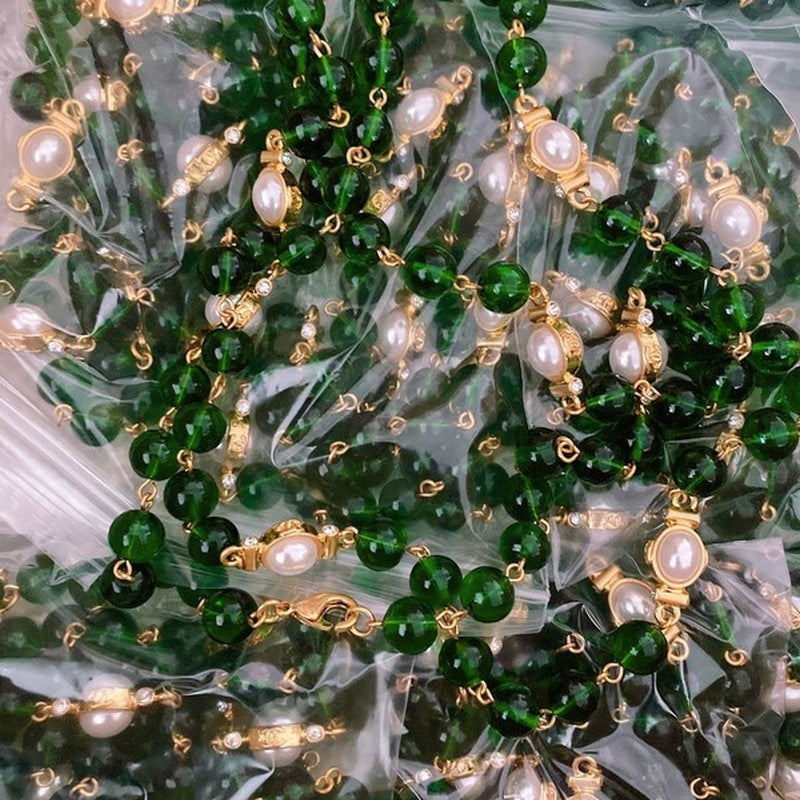 Chanel Long Green & White Pearl Necklace