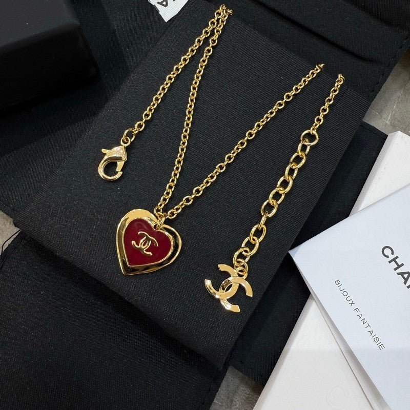 Chanel Black & Red Heart Gold Necklace