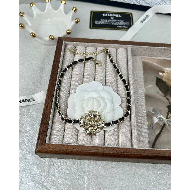 Chanel Black Leather Flower Necklace