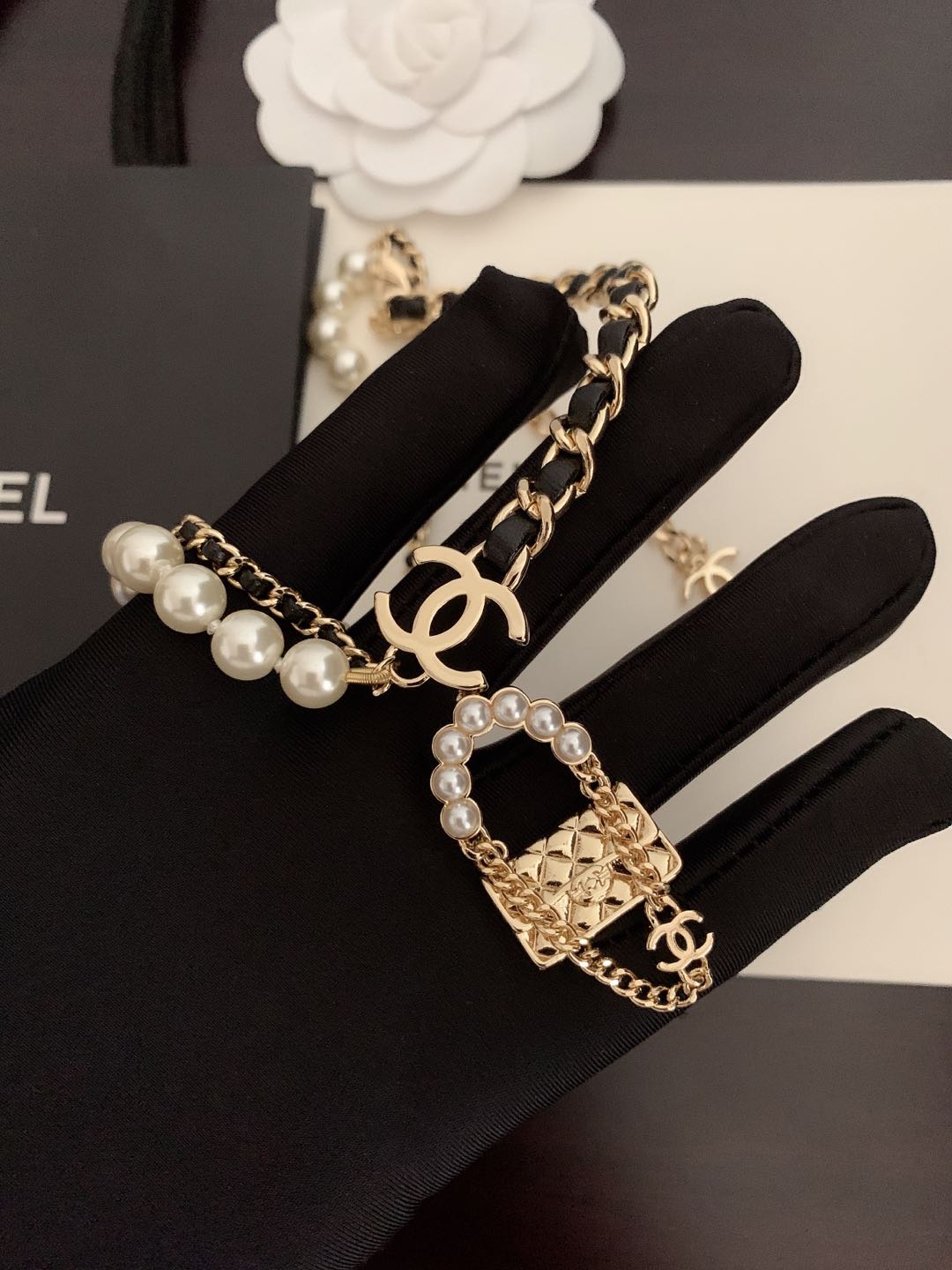 Chanel Pearl Leather Bag Pendant Necklace