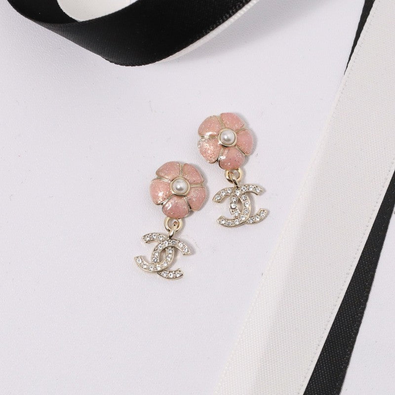 Chanel Black & Pink Camellia Diamond Earrings - 18K Gold