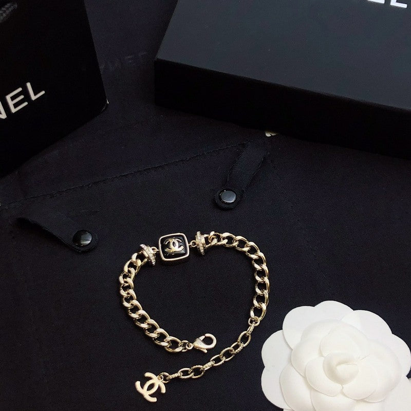 Chanel Black Logo Gold Chain Necklace