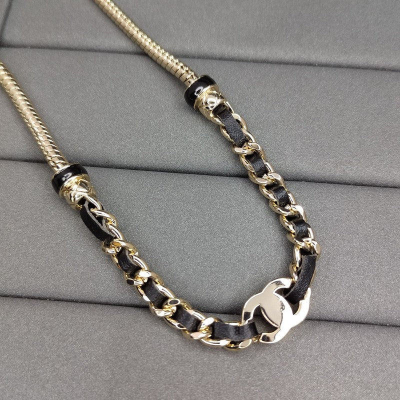 Chanel Black Leather Gold Chain Necklace