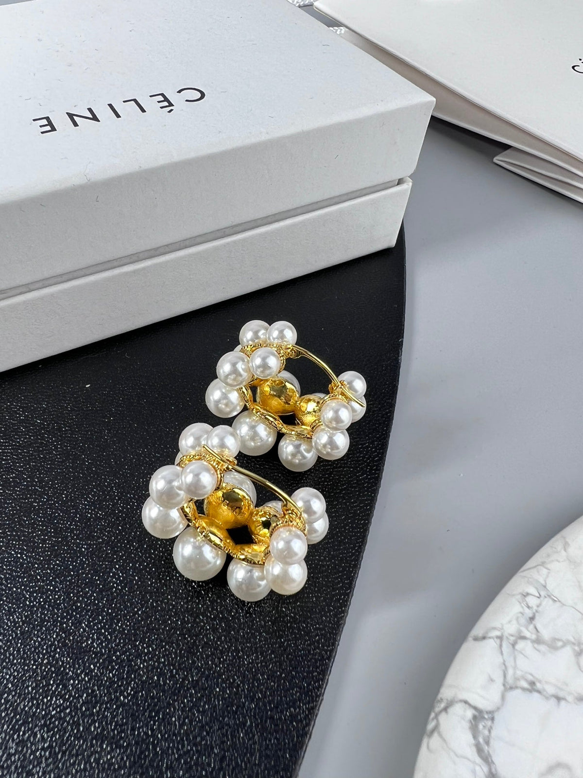 Celine Triomphe Two-Rows Pearl Earrings - 18K Gold