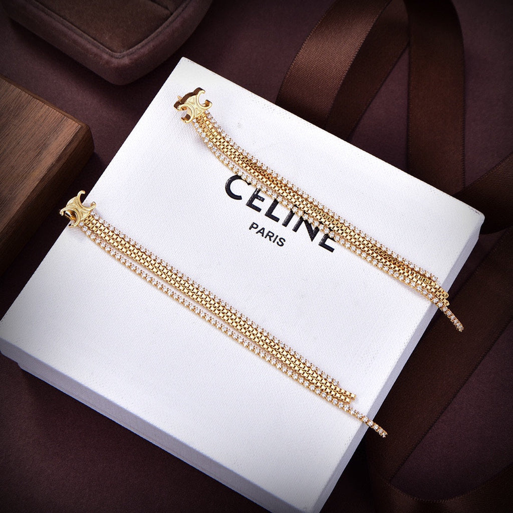Celine Triomphe Diamonds Long Earrings - 18K Yellow Gold