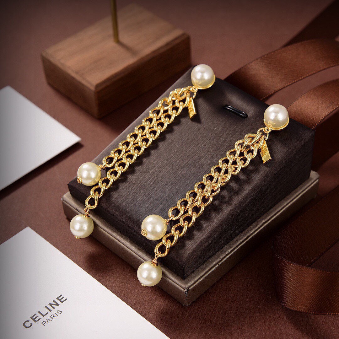 Celine Triomphe Chain Pearl Earrings - 18K Yellow Gold