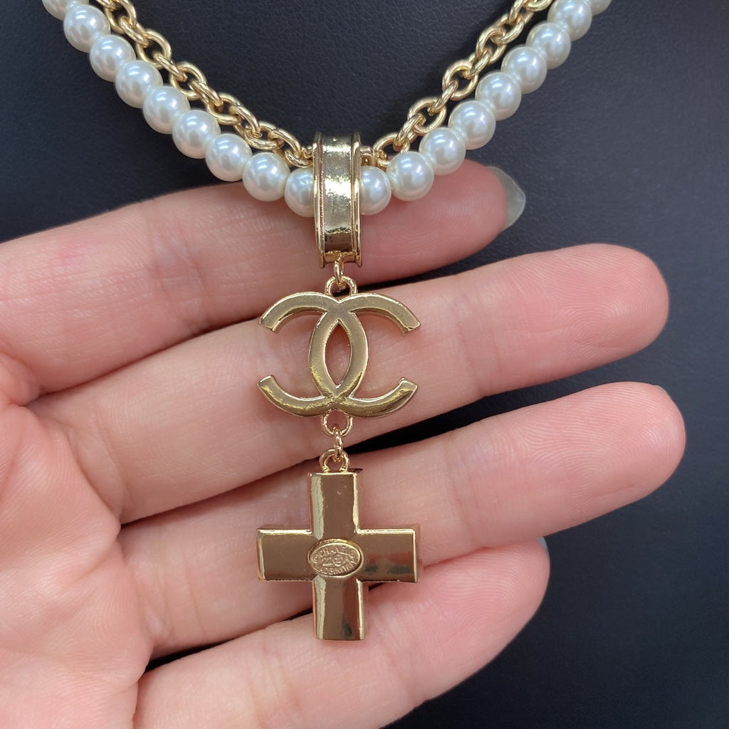 Chanel Cross Diamond Pearl Chain Necklace