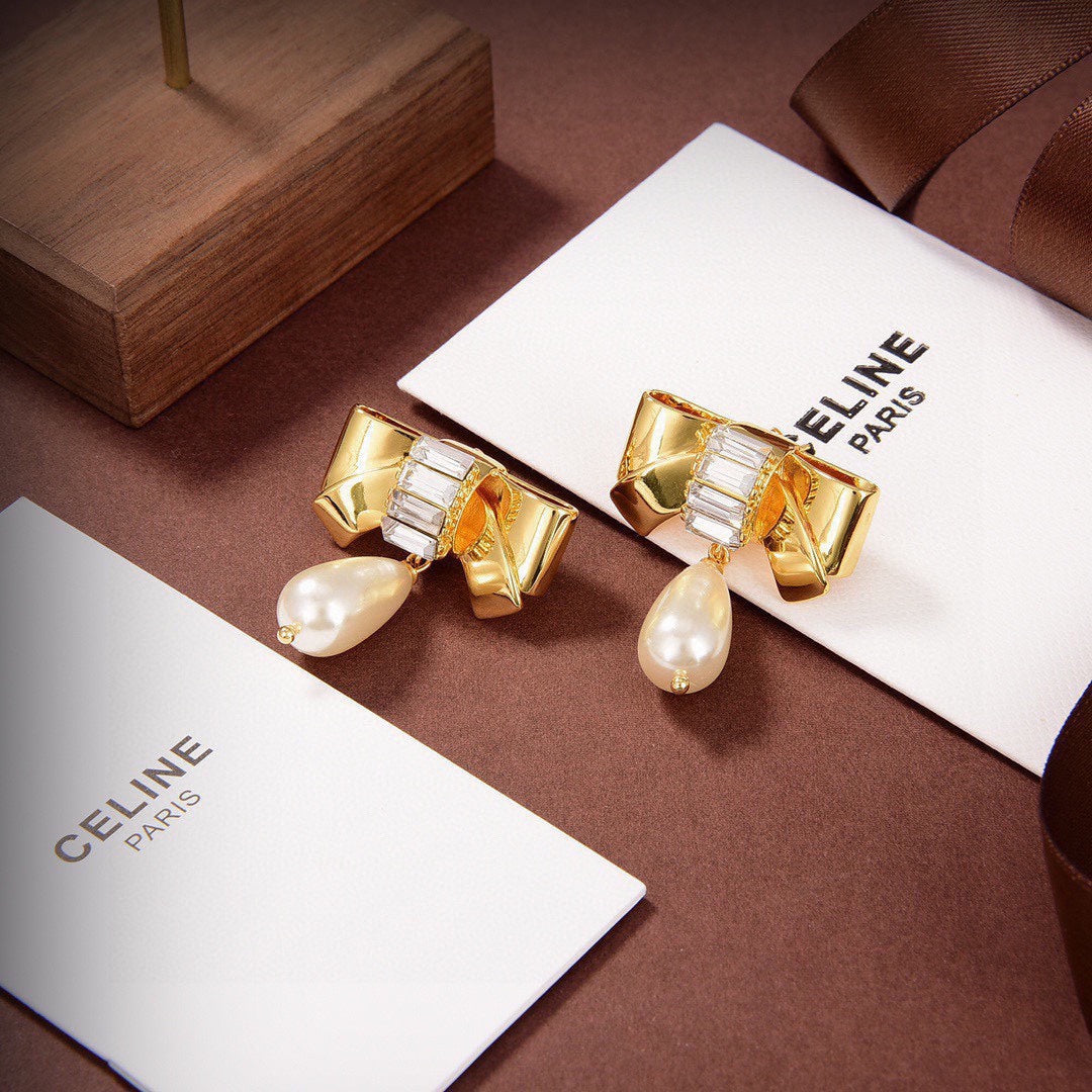 Celine Triomphe Butterfly Pearl Pendant Earrings - 18K Yellow Gold
