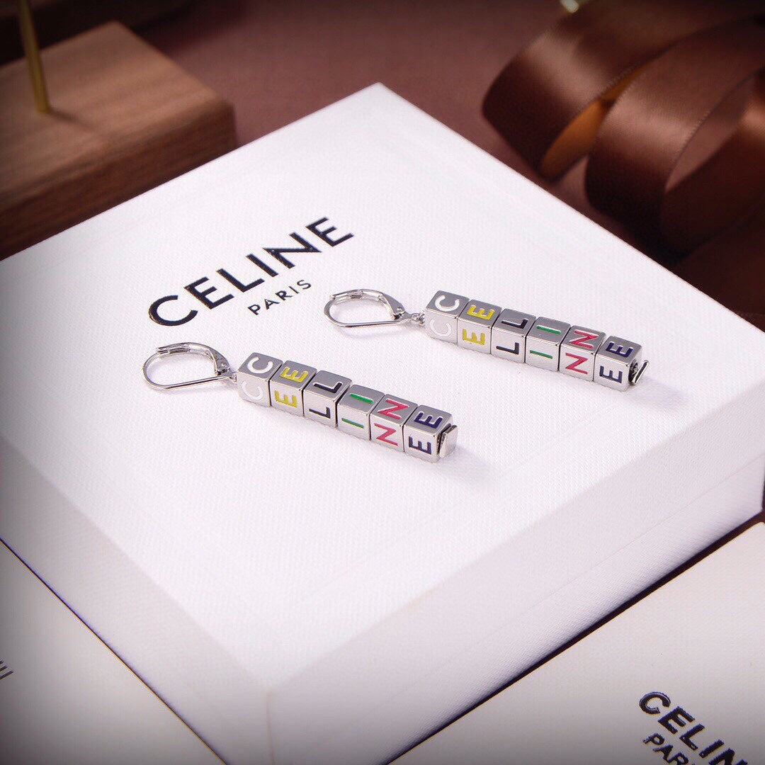 Celine Triomphe Script Cube Earrings - 18K Gold