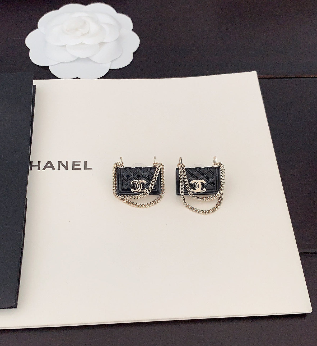 Chanel Black Bag Pendant Earrings - 18K Yellow Gold