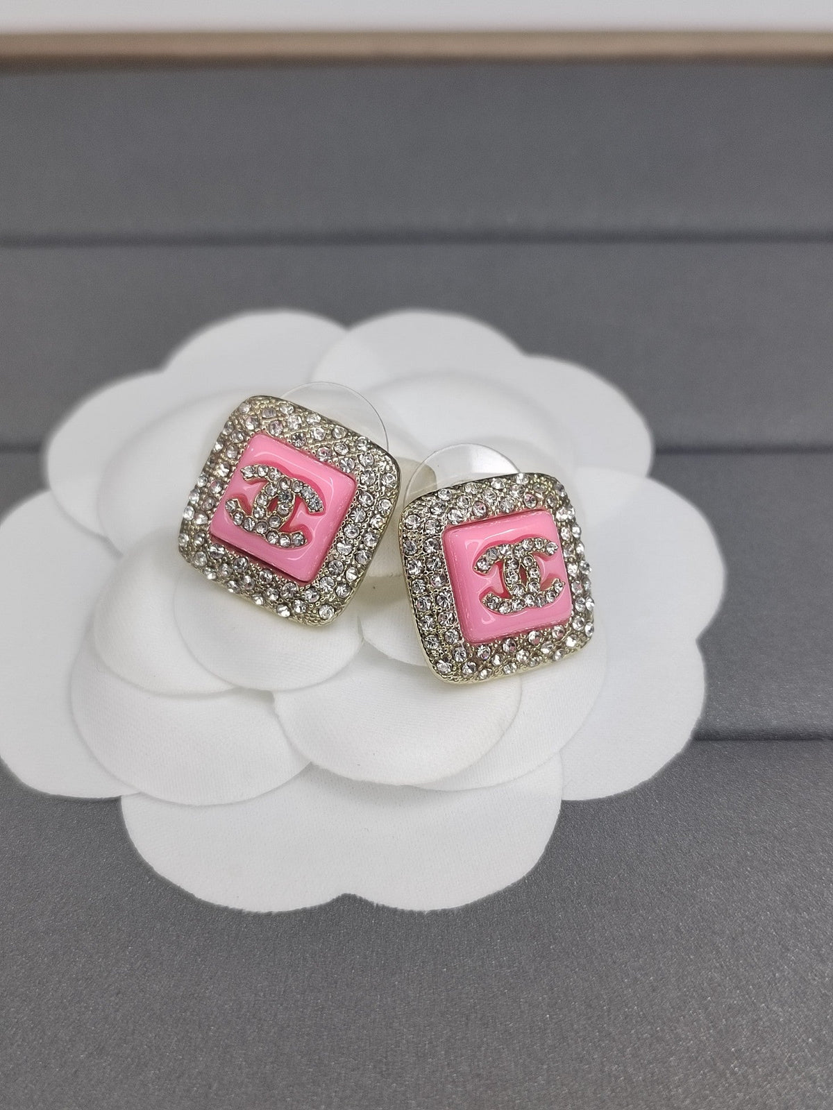 Chanel Diamond Square Pink Earrings - 18K Yellow Gold