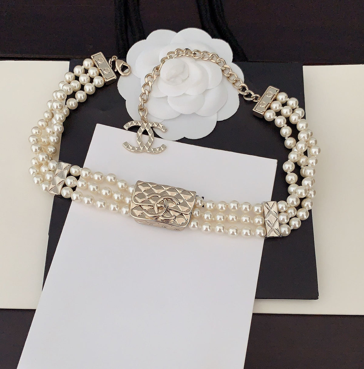 Chanel Bag Pearls Chain Necklace