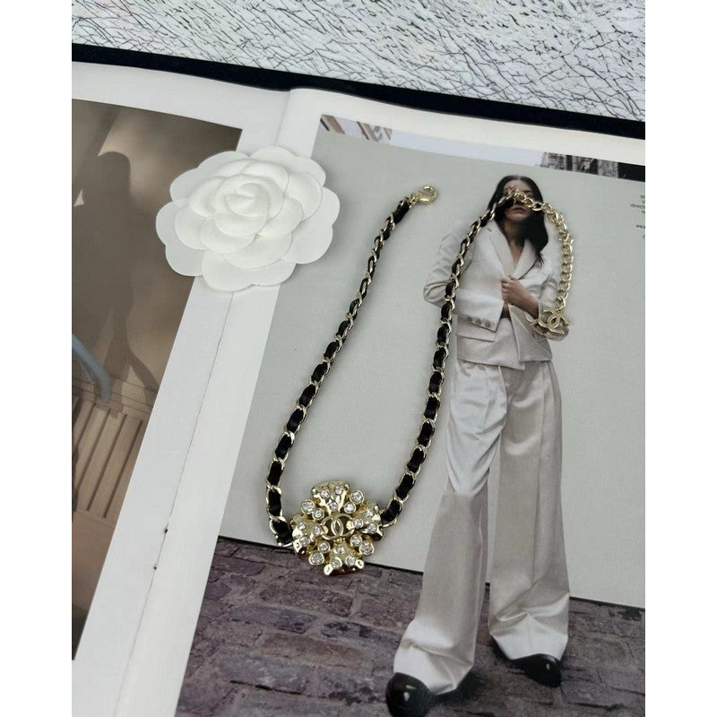 Chanel Black Leather Flower Necklace