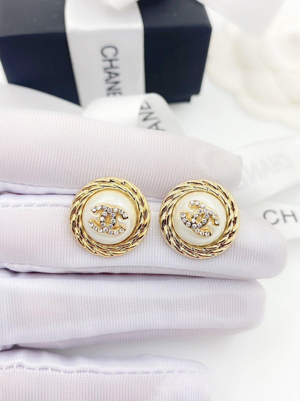 Chanel White Pearl Earrings - 18K Yellow Gold
