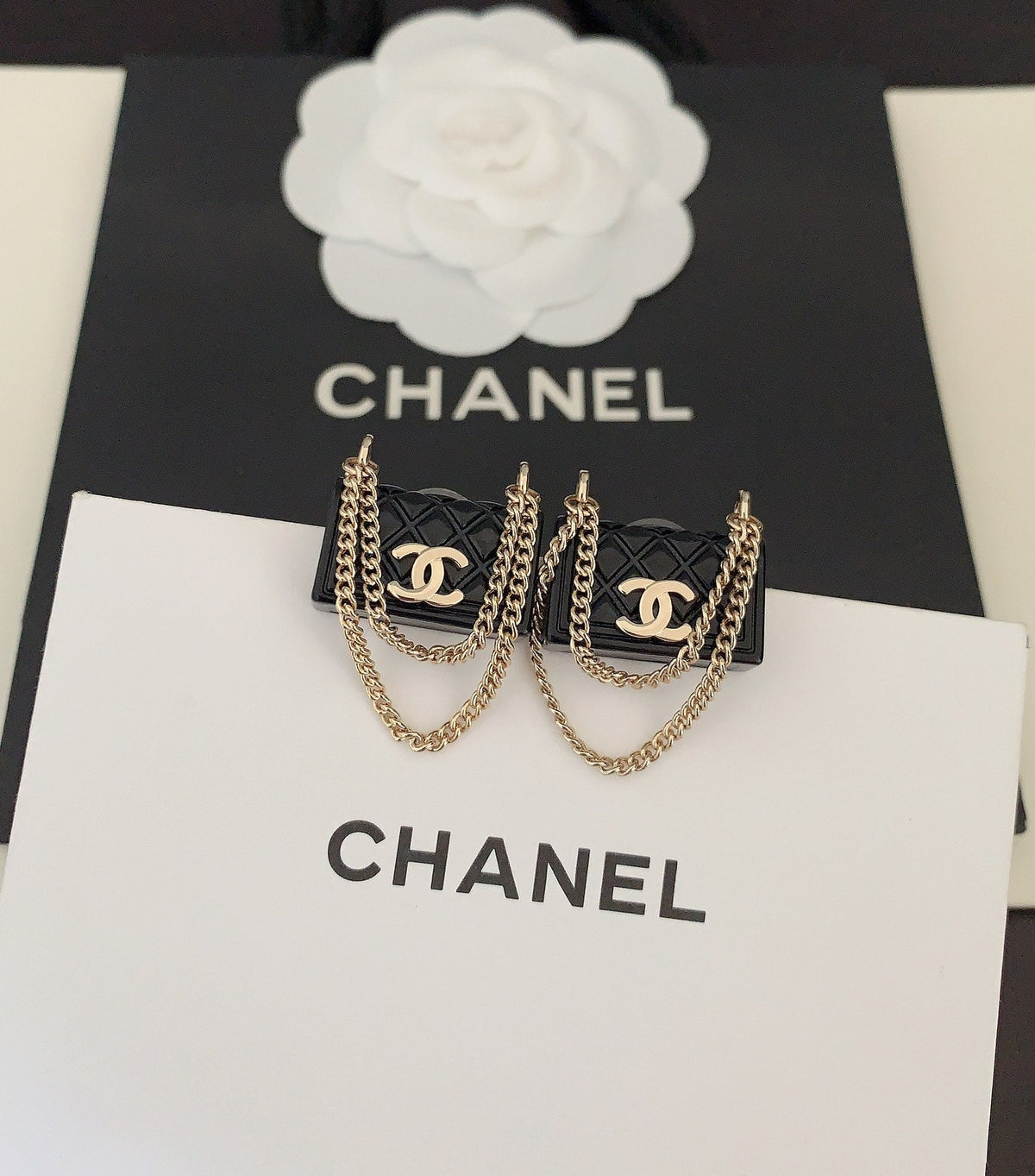 Chanel Black Bag Pendant Earrings - 18K Yellow Gold