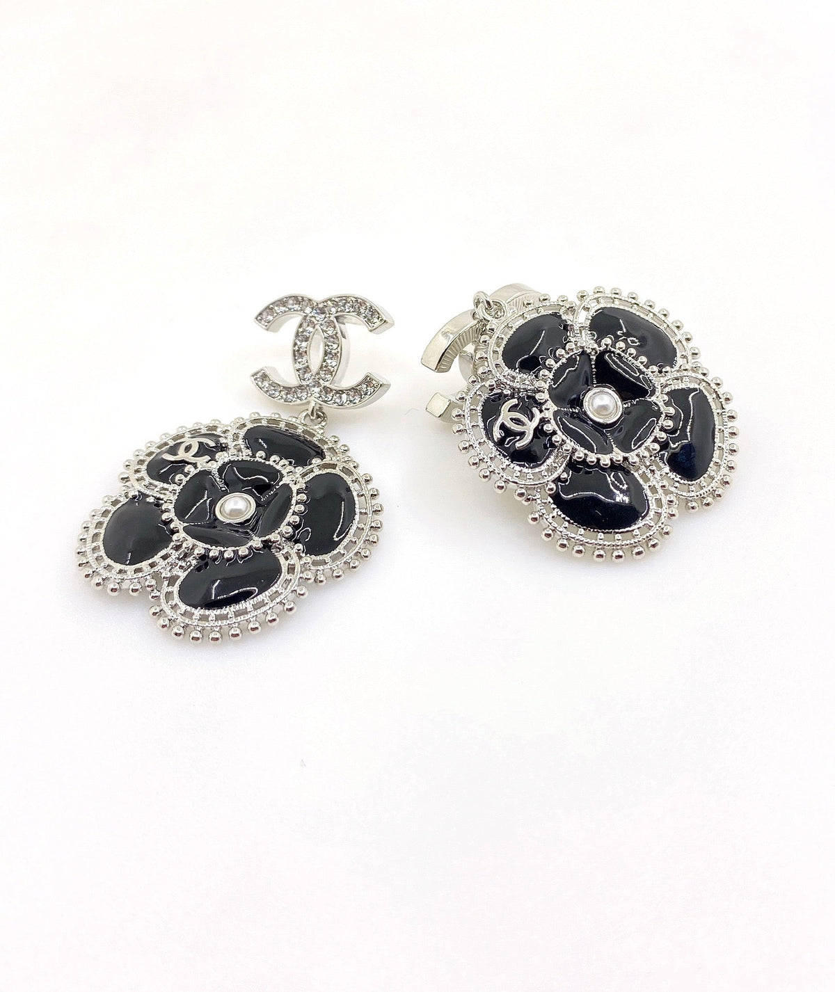 Chanel Black Pearl Camellia Earrings - 18K White Gold