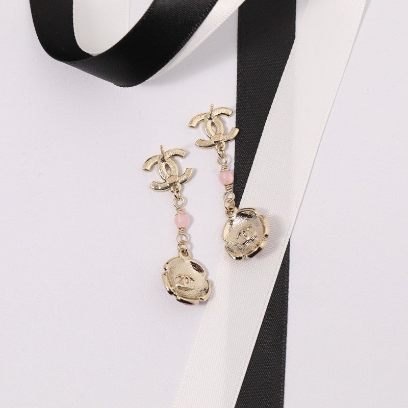 Chanel Black & Pink Camellia Diamond Long Earrings - 18K Gold