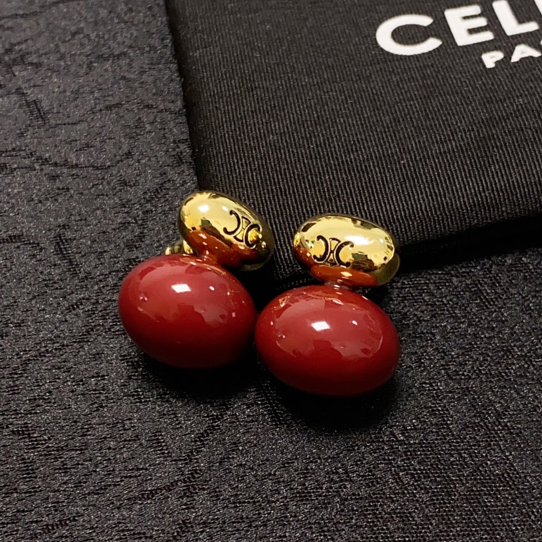 Celine Triomphe Red Earrings - 18K Yellow Gold