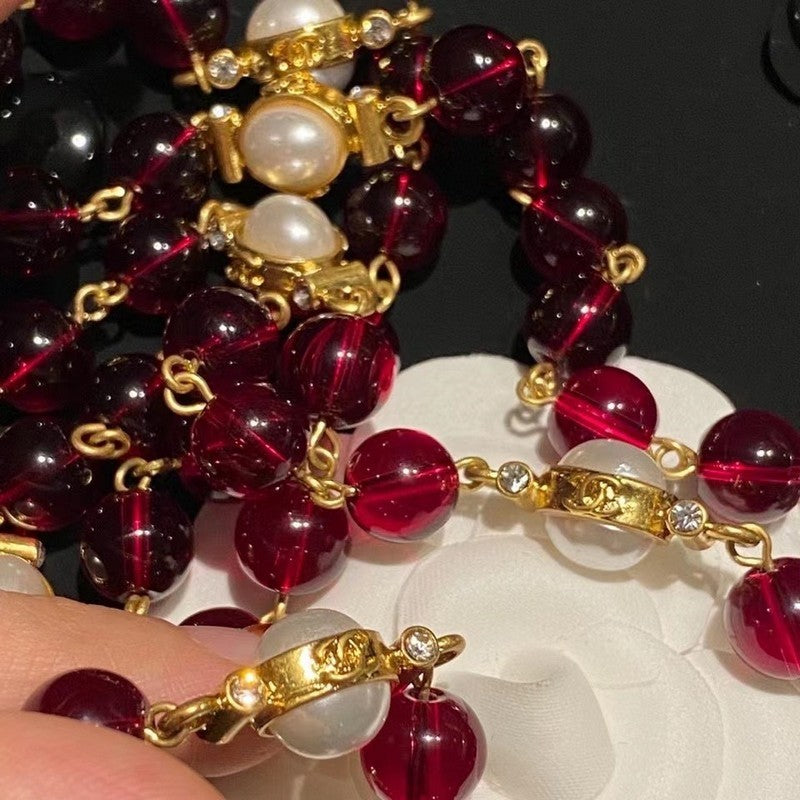 Chanel Long Red & White Pearl Necklace