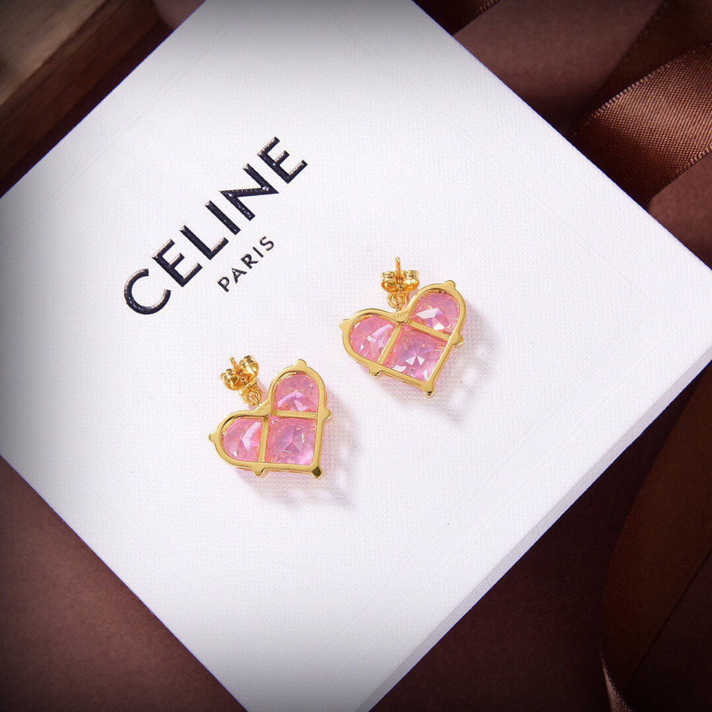 Celine Triomphe Pink Crystal Heart Earrings - 18K Yellow Gold