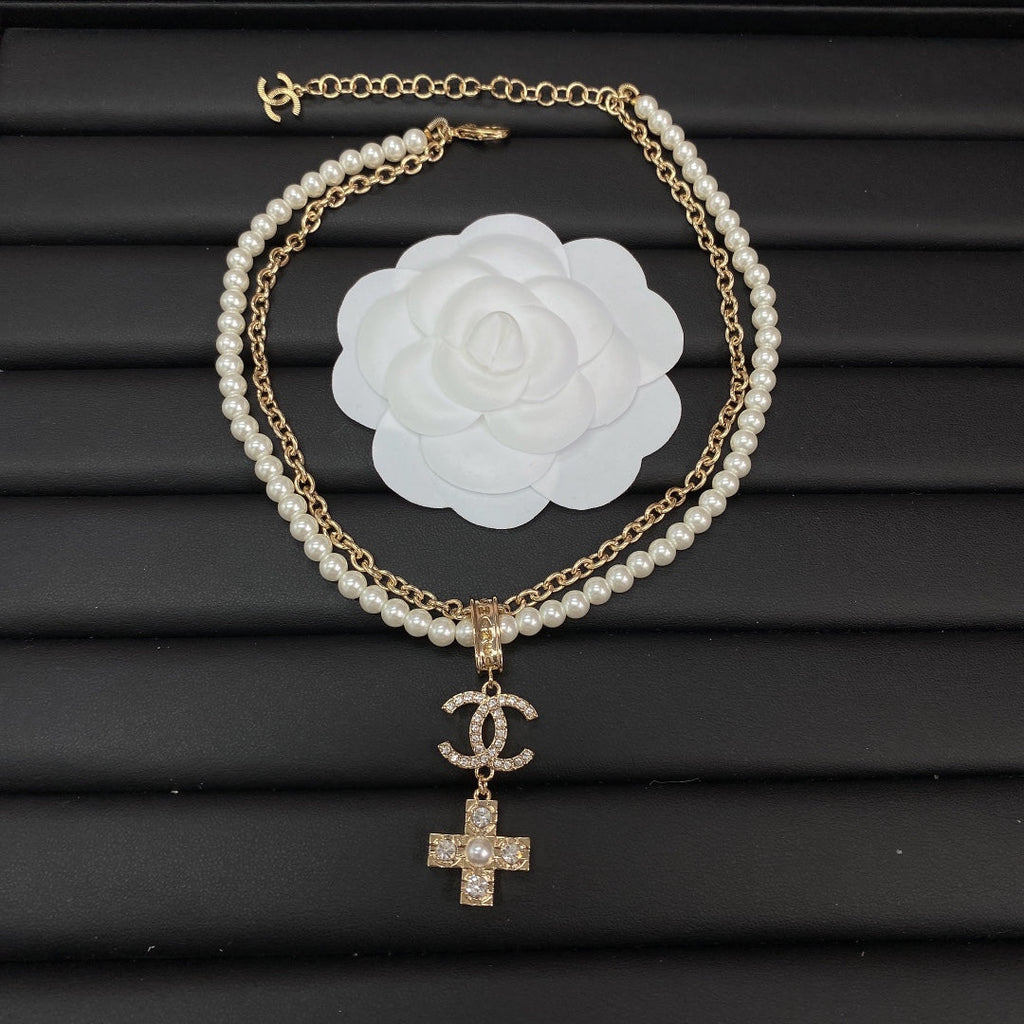 Chanel Cross Diamond Pearl Chain Necklace