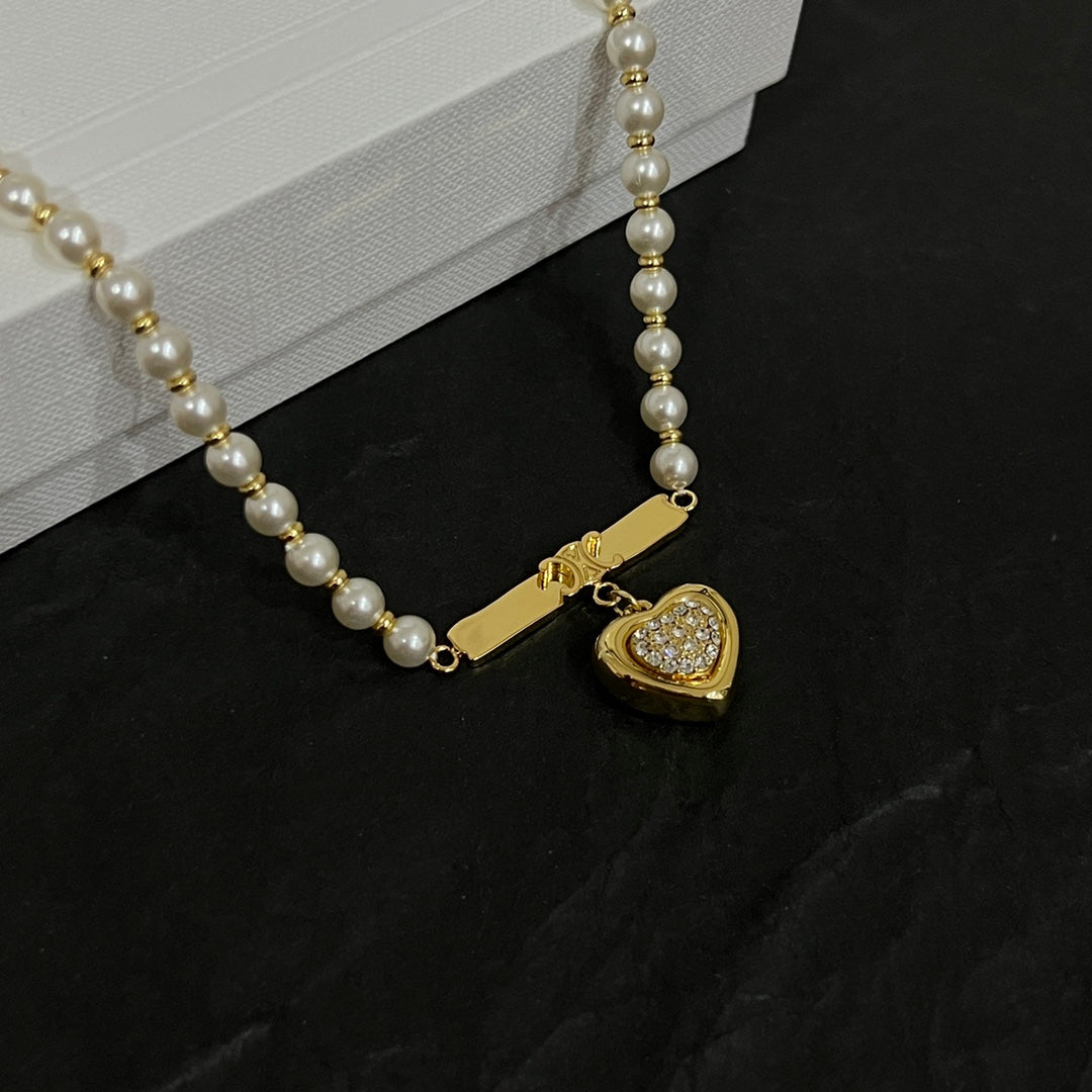 Celine Triomphe Heart Pearl Necklace