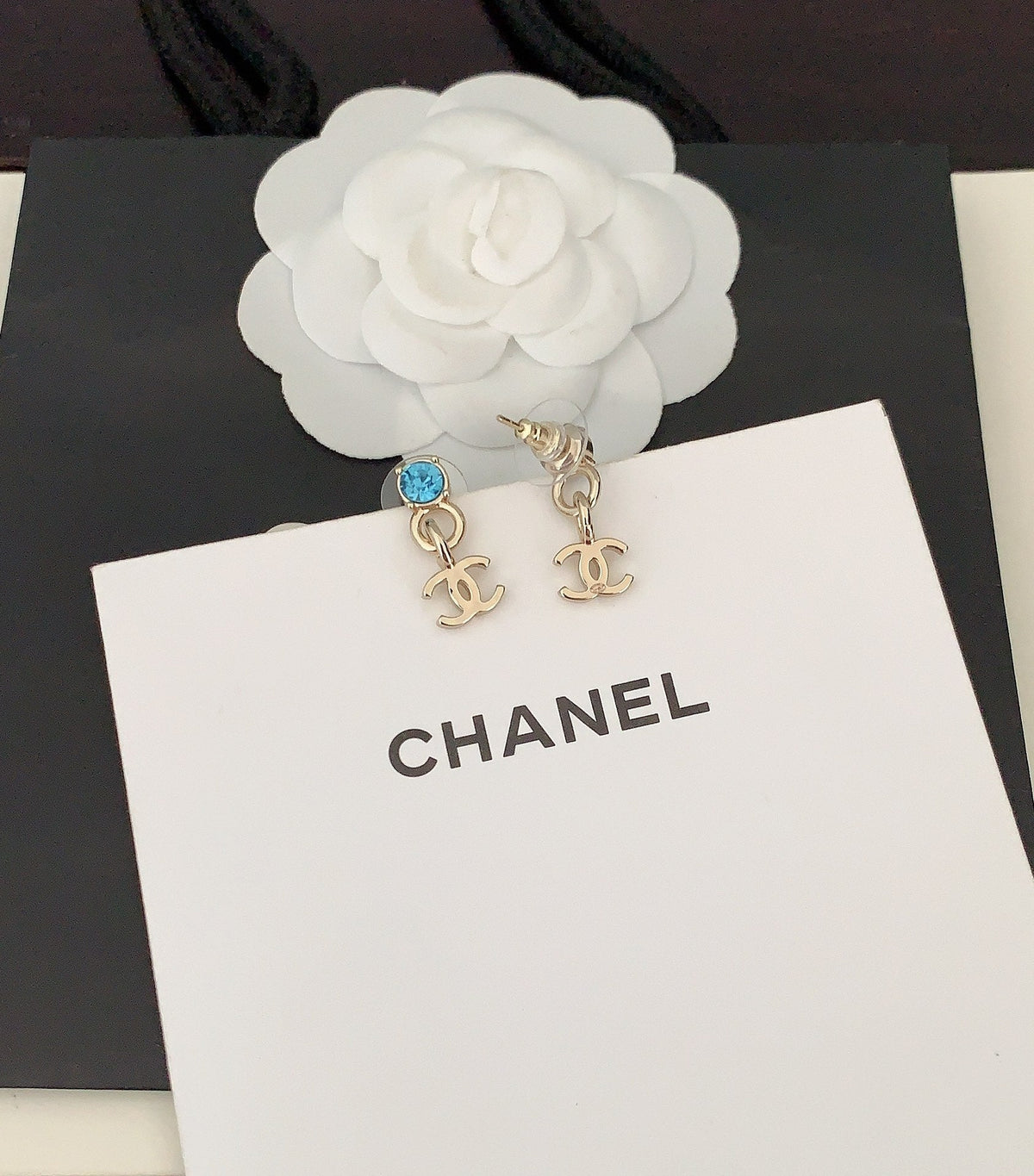 Chanel Blue Crystal Earrings - 18K Yellow Gold