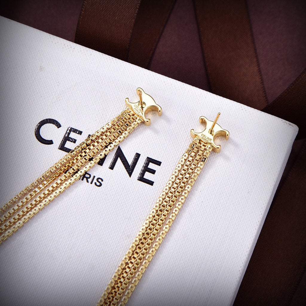 Celine Triomphe Diamonds Long Earrings - 18K Yellow Gold