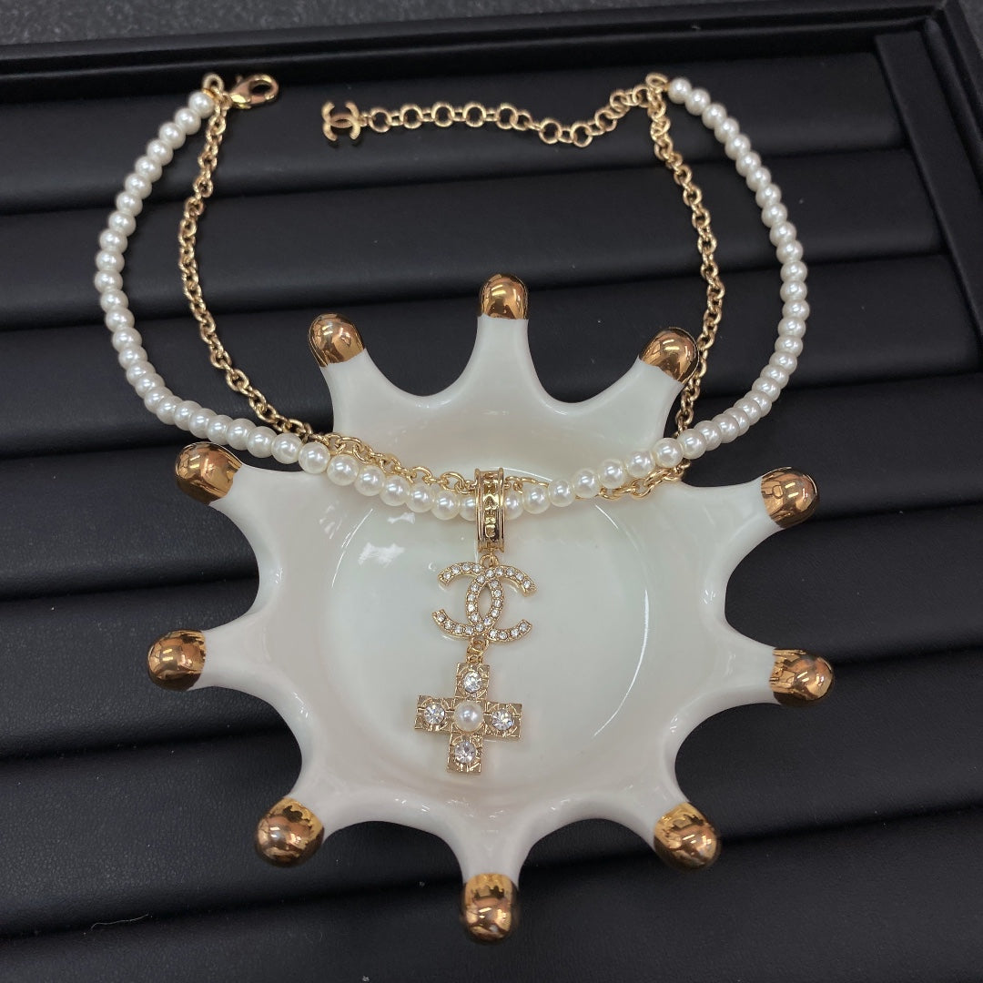 Chanel Cross Diamond Pearl Chain Necklace