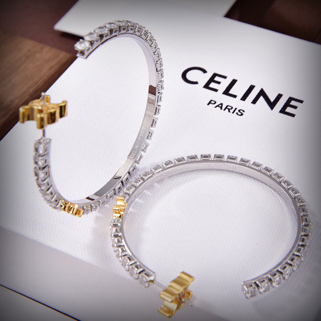Celine Triomphe Diamonds Hoops Earrings - 18K Yellow Gold