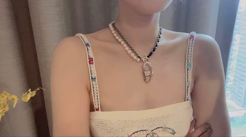 Chanel Pearl Leather Bag Pendant Necklace