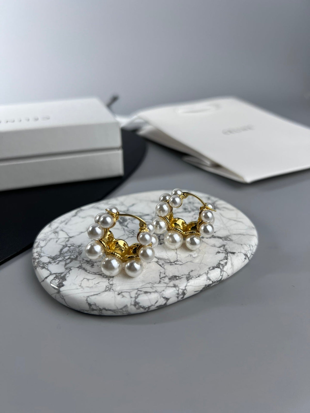 Celine Triomphe Two-Rows Pearl Earrings - 18K Gold