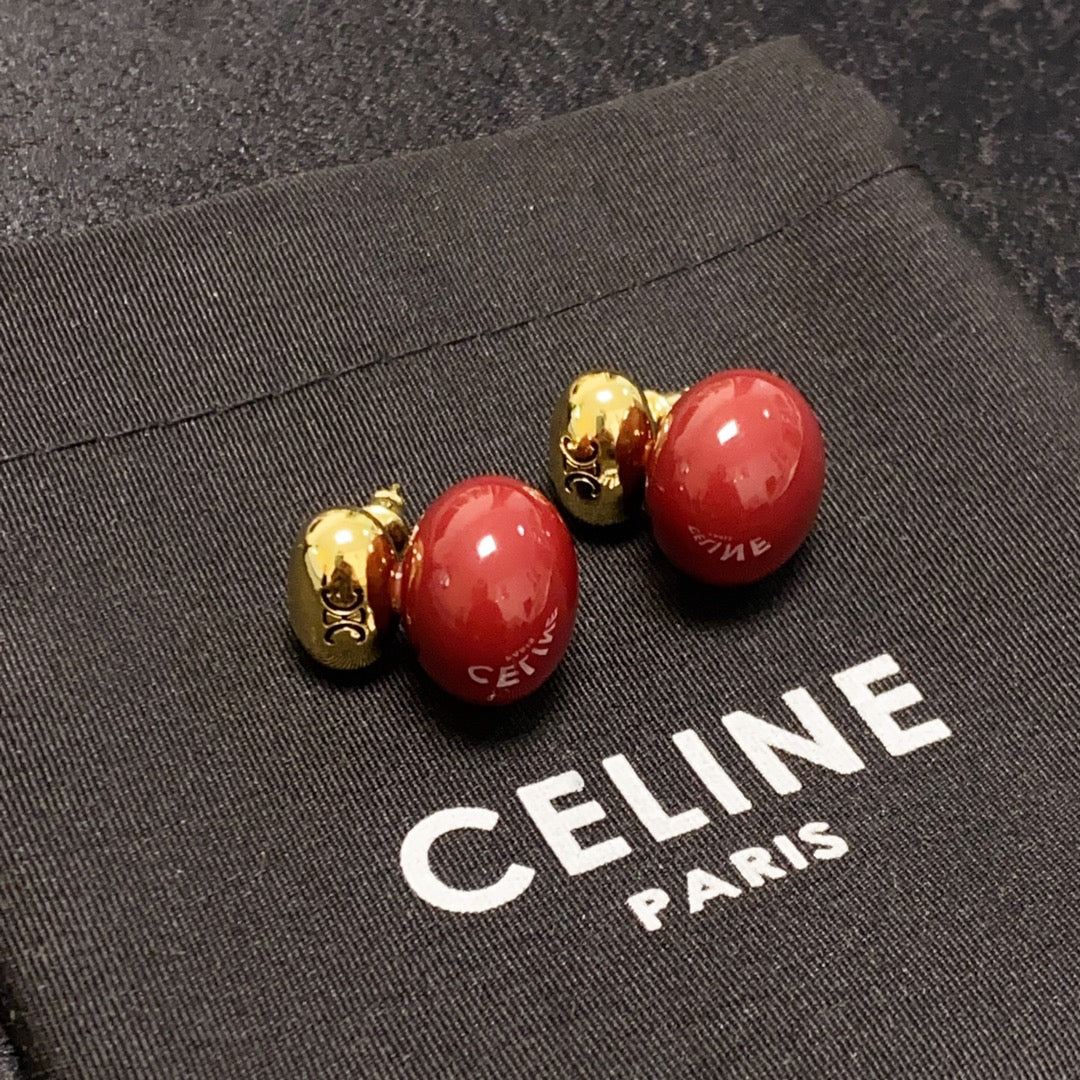 Celine Triomphe Red Earrings - 18K Yellow Gold