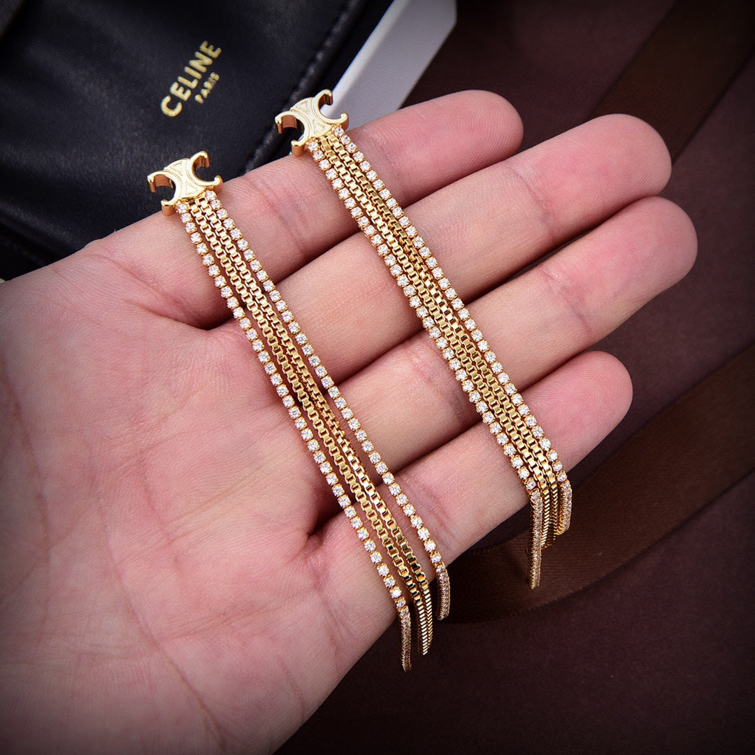 Celine Triomphe Diamonds Long Earrings - 18K Yellow Gold