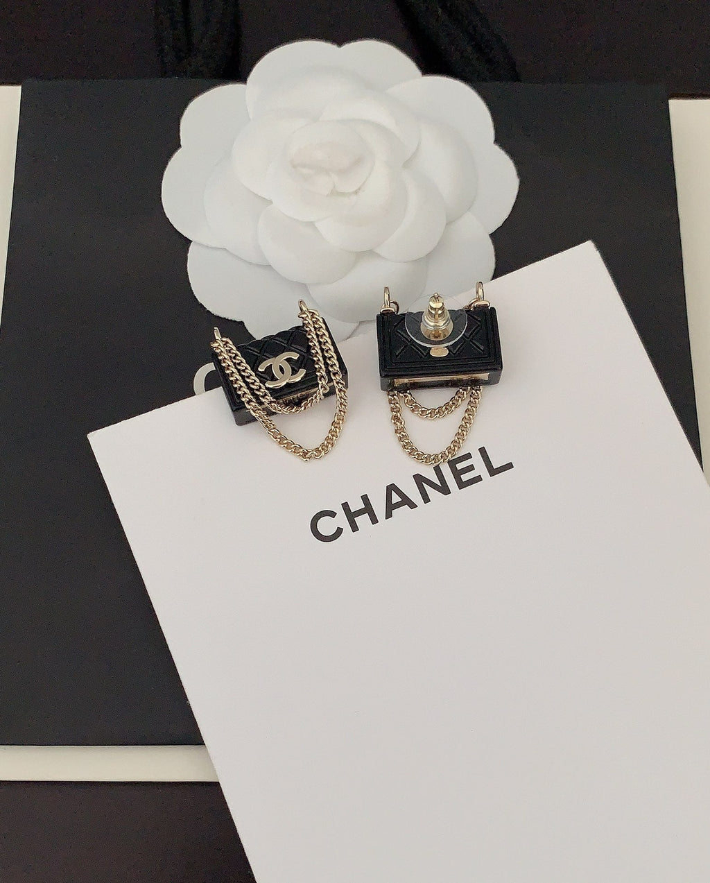 Chanel Black Bag Pendant Earrings - 18K Yellow Gold