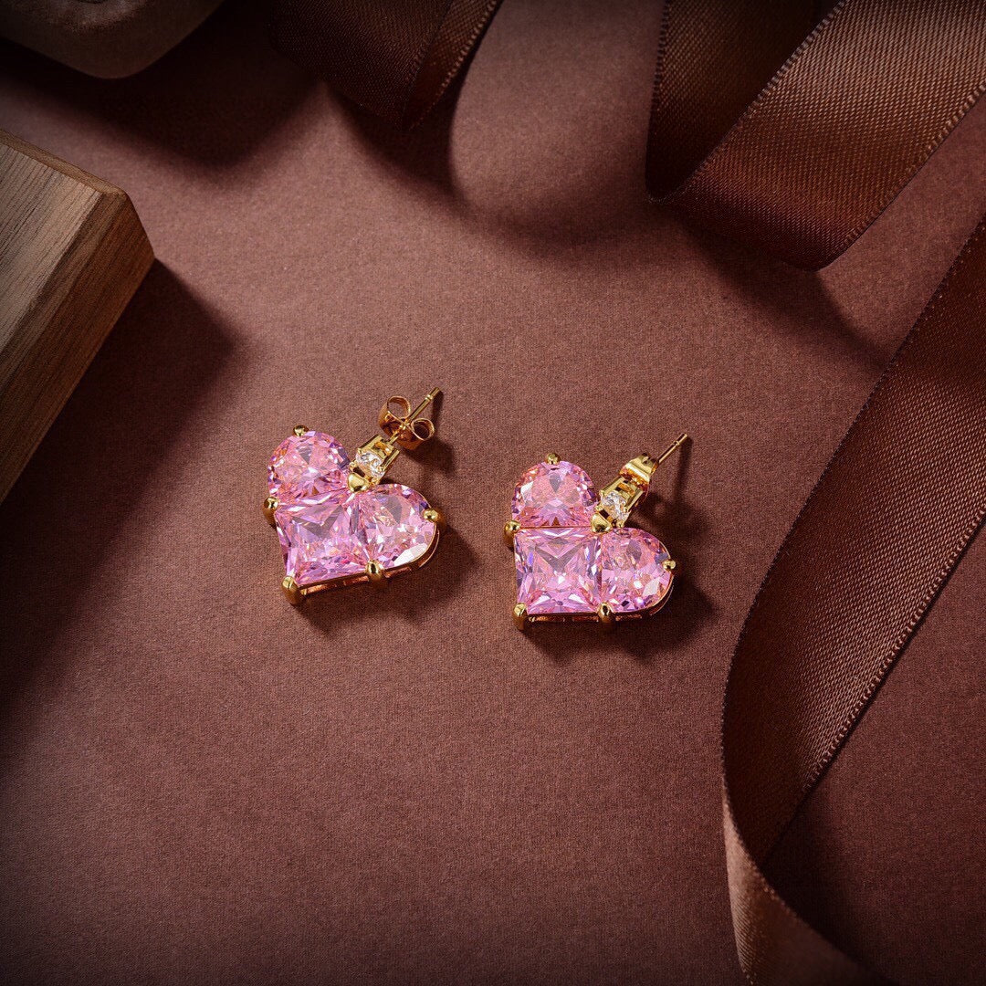 Celine Triomphe Pink Crystal Heart Earrings - 18K Yellow Gold
